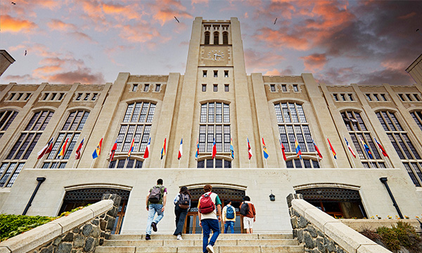 An aerial image of a campus building 